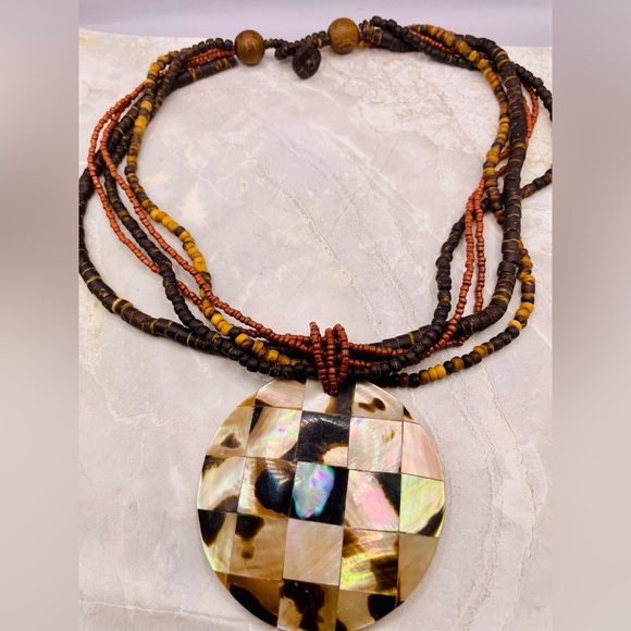 Multicolor Multi Strand Wood Beaded Necklace with Mosaic Mother of Pearl Pendant - Picture 5 of 7